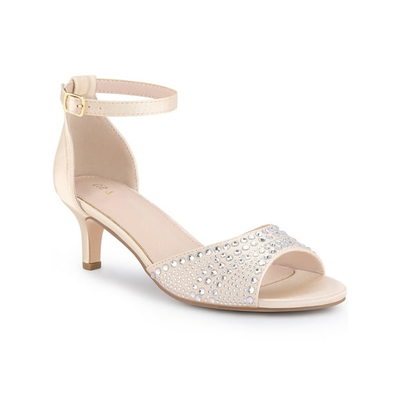 BLISSFUL STEP Women's Rhinestone Ankle Strap Kitten Heel Satin Sandals Champagne 7.5
