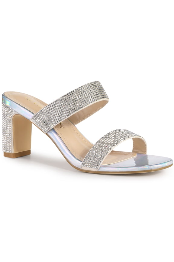 Women's Shoes Rhinestone Chunky Heel Square Toe Slide Sandals Silver 9