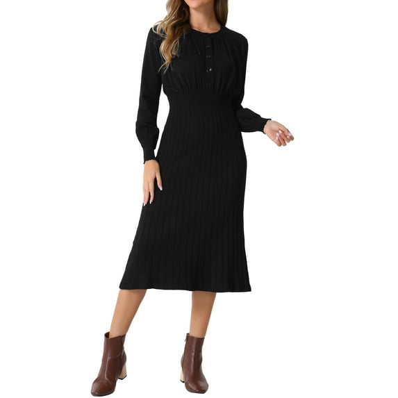 INSPIRE CHIC Women's Ribbed Knit Dress Crew Neck Pleated Lantern Sleeve Midi A-line Dresses