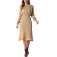 thumbnail image 1 of INSPIRE CHIC Women's Ribbed Knit Dress Crew Neck Pleated Lantern Sleeve Midi A-line Dresses L Khaki, 1 of 6