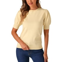 INSPIRE CHIC Women's Ribbed Knit Top Crew Neck Lantern Short Sleeve Casual Blouse