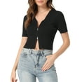 thumbnail image 1 of INSPIRE CHIC Women's Ribbed Knit V Neck Short Sleeve Zip Front Crop Tops, 1 of 5