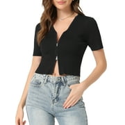 INSPIRE CHIC Women's Ribbed Knit V Neck Short Sleeve Zip Front Crop Tops