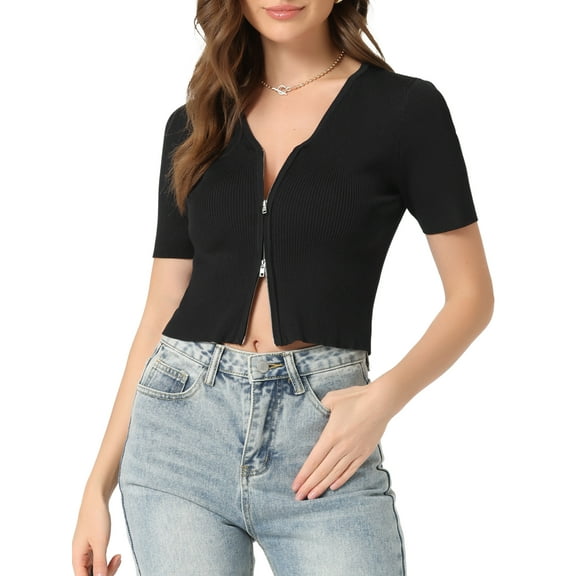 INSPIRE CHIC Women's Ribbed Knit V Neck Short Sleeve Zip Front Crop Tops