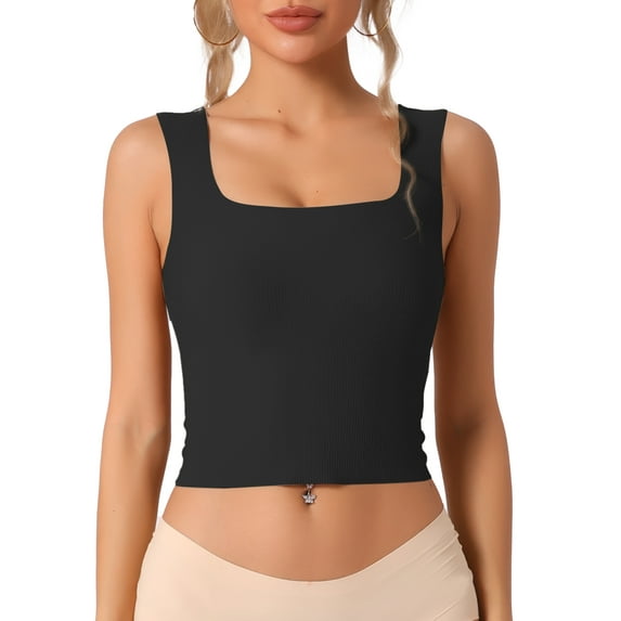 INSPIRE CHIC Women's Ribbed Tank Top with Built-In Bra Slim Fit Square Neck Undershirt S Black