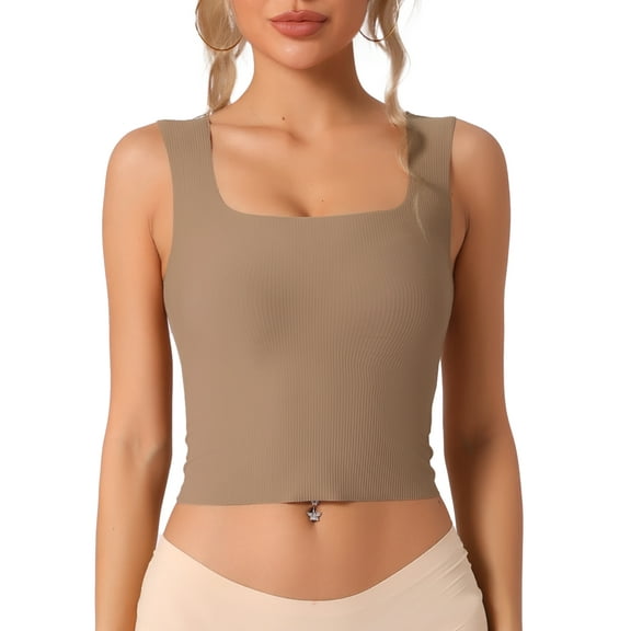 INSPIRE CHIC Women's Ribbed Tank Top with Built-In Bra Slim Fit Square Neck Undershirt S Light Brown