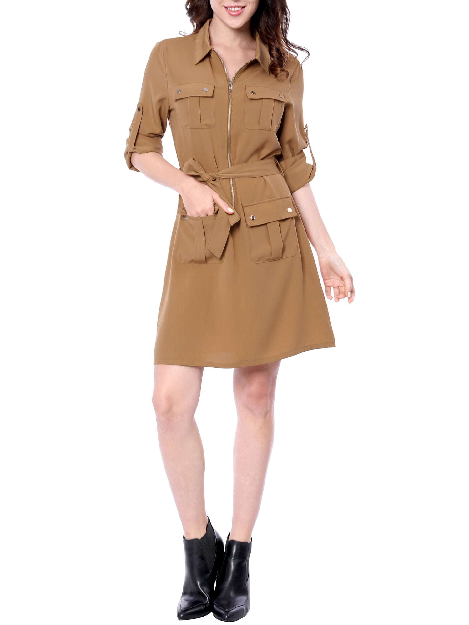 khaki belted shirt dress Khaki belted midi-length shirt dress IKKS