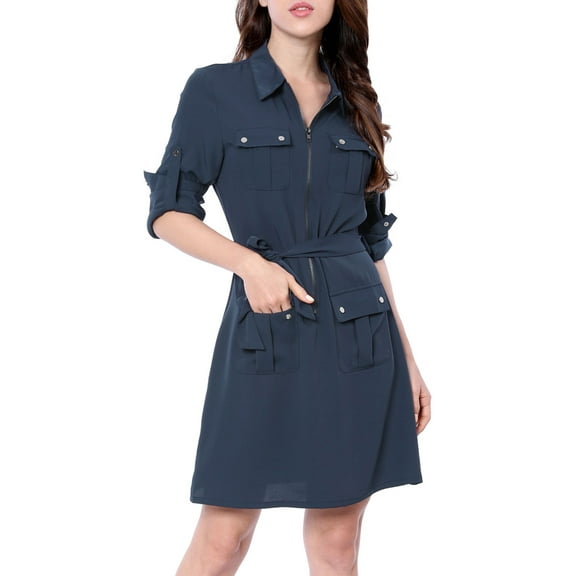 INSPIRE CHIC Women's Roll Up Sleeves Multi-Pocket Belted Collared Shirt Dress XL Blue