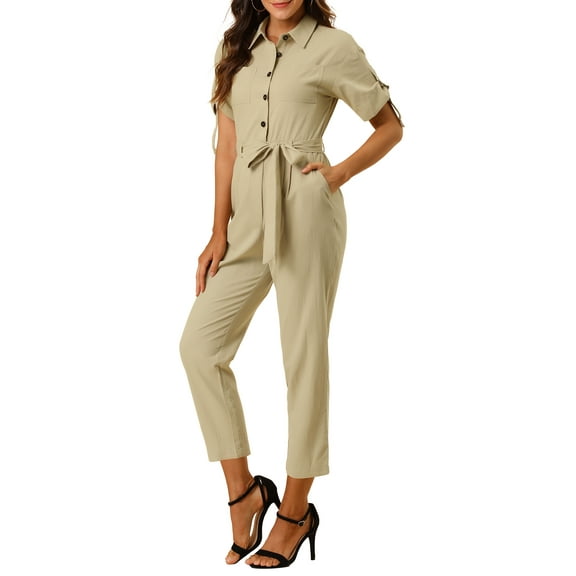 INSPIRE CHIC Women's Jumpsuit Short Sleeve Collared Button Down Tie Waist Cotton Cargo Jumpsuit M Khaki