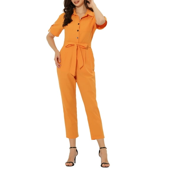 INSPIRE CHIC Women's Jumpsuit Short Sleeve Collared Button Down Tie Waist Cotton Cargo Jumpsuit XL Orange