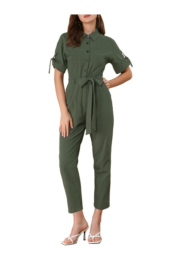 Women's Jumpsuit Short Sleeve Collared Button Down Tie Waist Cotton Cargo Jumpsuit S Green