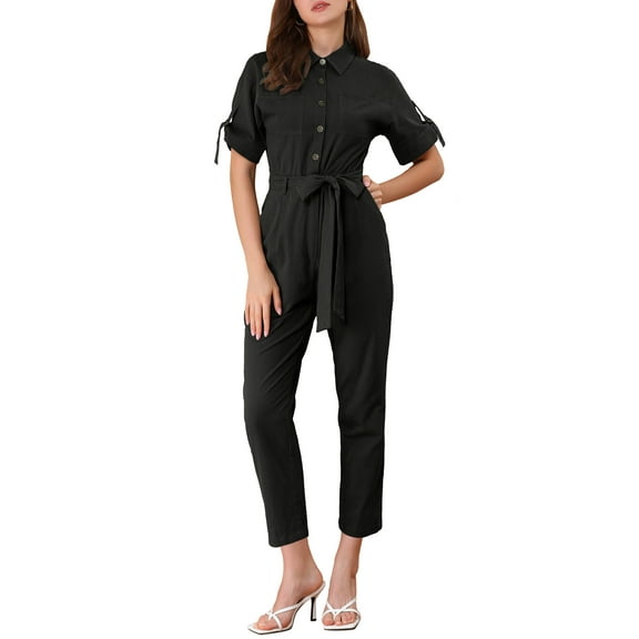 INSPIRE CHIC Women's Jumpsuit Short Sleeve Collared Button Down Tie Waist Cotton Cargo Jumpsuit XL Black