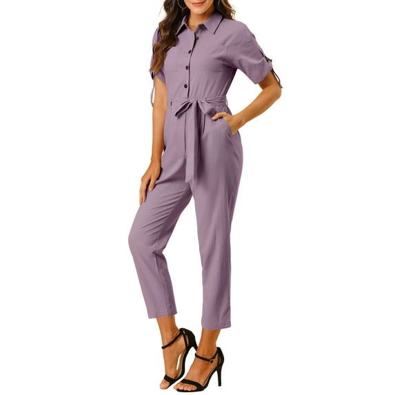 INSPIRE CHIC Women's Jumpsuit Short Sleeve Collared Button Down Tie Waist Cotton Cargo Jumpsuit XL Dusty Purple
