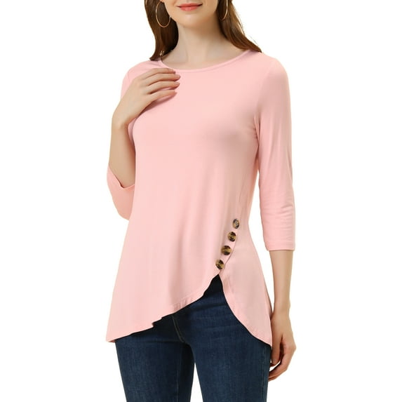 INSPIRE CHIC Women's Tops Round Neck 3/4 Sleeve Button Decor Irregular Hem Casual Style Blouse M Light Pink