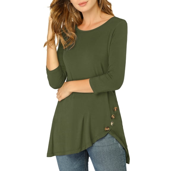 INSPIRE CHIC Women's Tops Round Neck 3/4 Sleeve Button Decor Irregular Hem Casual Style Blouse XS Army Green