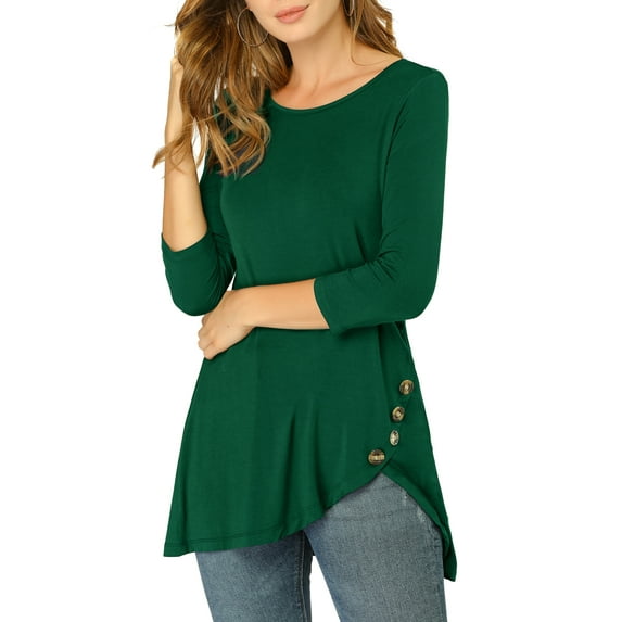 INSPIRE CHIC Women's Tops Round Neck 3/4 Sleeve Button Decor Irregular Hem Casual Style Blouse XS Dark Green