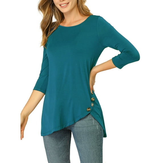 Allegra K Women's Round Neck 3/4 Sleeve Button Decor Asymmetric Hem Tunic Top