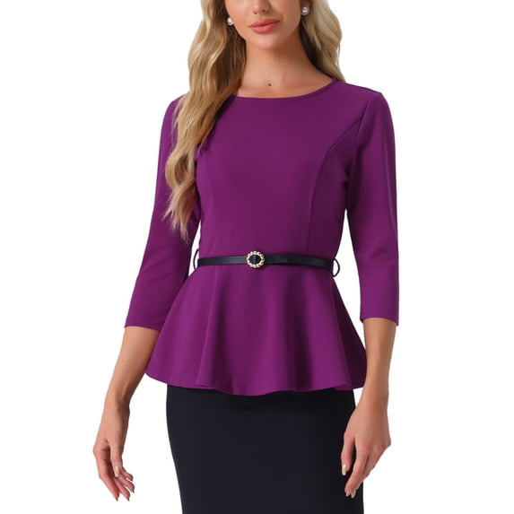 INSPIRE CHIC Peplum Tops for Women's 3/4 Sleeve Teacher Belted Elegant Business Work Blouse L Purple