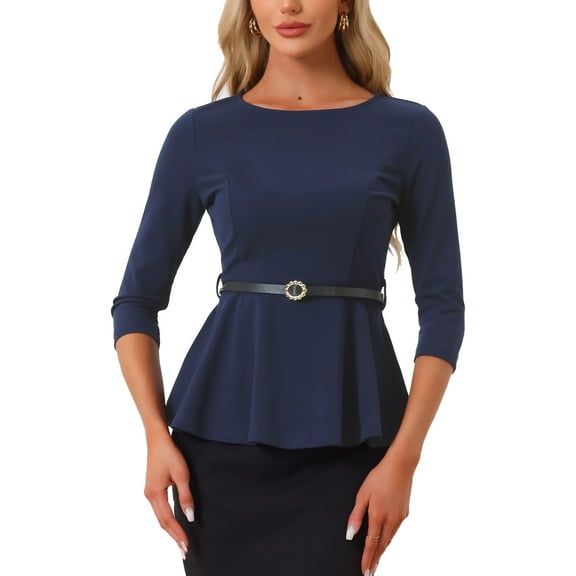 INSPIRE CHIC Peplum Tops for Women's 3/4 Sleeve Teacher Belted Elegant Business Work Blouse XL Dark Blue