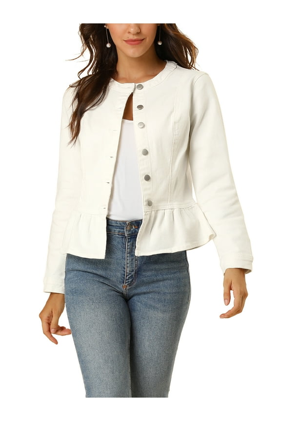 Women's Denim Jackets Button Down Peplum Hem Long Sleeves Cropped Jean Jacket 2XL White