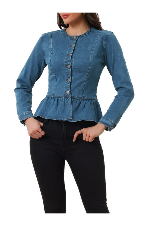 Women's Denim Jackets Button Down Peplum Hem Long Sleeves Cropped Jean Jackets Denim Blue L