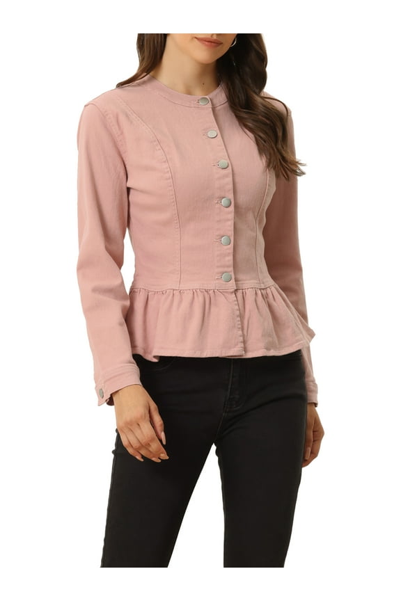 Women's Denim Jackets Button Down Peplum Hem Long Sleeves Cropped Jean Jacket L Dusty Pink