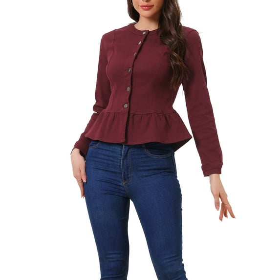 INSPIRE CHIC Women's Denim Jackets Button Down Peplum Hem Long Sleeves Cropped Jean Jackets Burgundy M