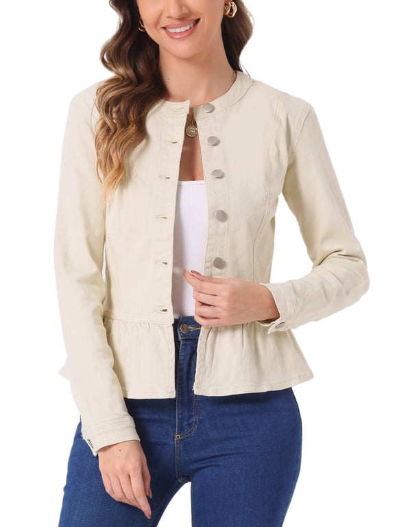 Women's Denim Jackets Button Down Peplum Hem Long Sleeves Cropped Jean Jackets Oyster white S