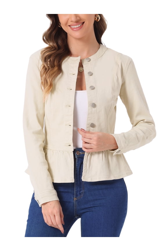 Women's Denim Jackets Button Down Peplum Hem Long Sleeves Cropped Jean Jackets Oyster white XS
