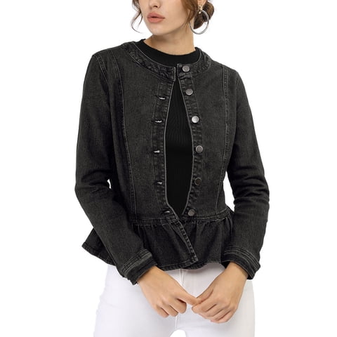 INSPIRE CHIC Women's Denim Jackets Button Down Peplum Hem Long Sleeves Cropped Jean Jackets Dark Black S