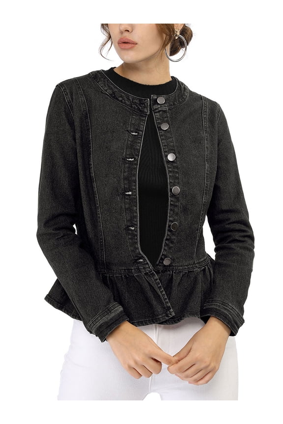 Women's Denim Jackets Button Down Peplum Hem Long Sleeves Cropped Jean Jacket Dark Black M