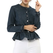 INSPIRE CHIC Women's Denim Jackets Button Down Peplum Hem Long Sleeves Cropped Jean Jackets Blue S