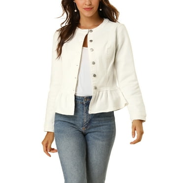 Allegra K Women's Round Neck Button Down Ruffled Hem Cropped Washed Denim Jacket XL White