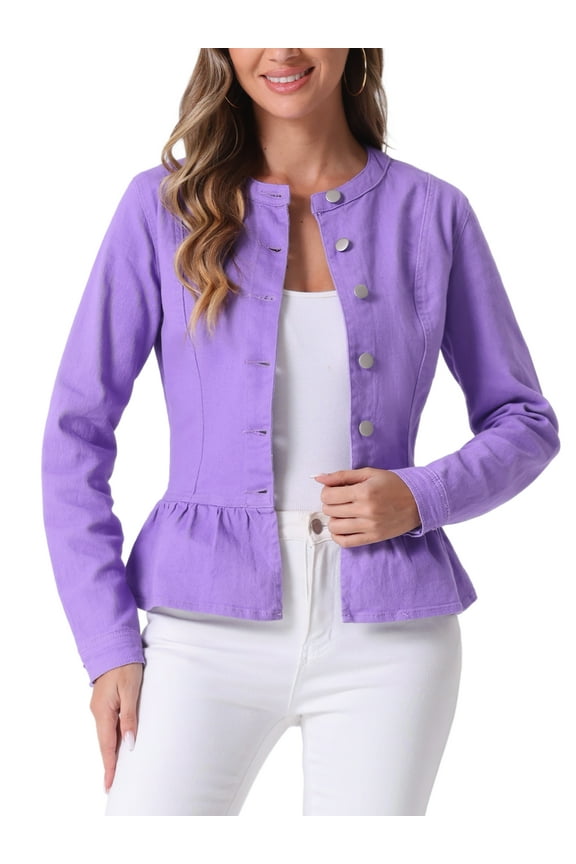 Women's Denim Jackets Button Down Peplum Hem Long Sleeves Cropped Jean Jacket S Purple