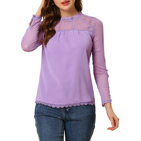 INSPIRE CHIC Women's Round Neck Casual Blouses Lace Floral Long Sleeve Chiffon Tops XL Purple