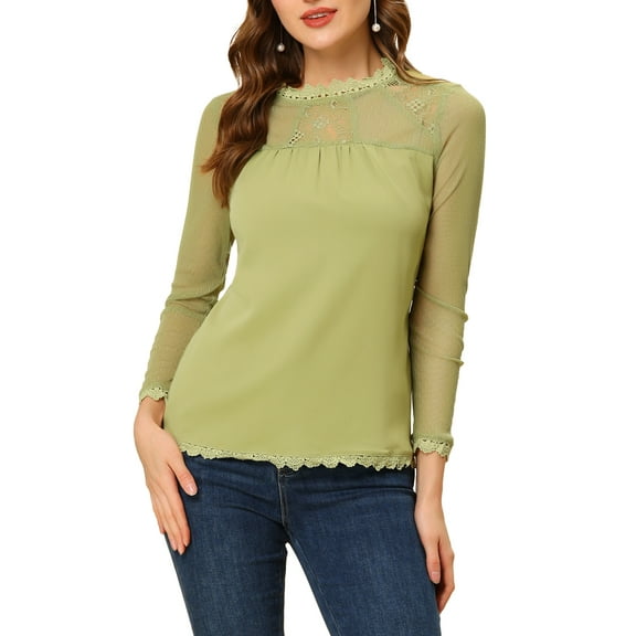 INSPIRE CHIC Women's Round Neck Casual Blouses Lace Floral Long Sleeve Chiffon Tops M Pea Green