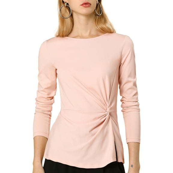 INSPIRE CHIC Women's Tops Round Neck Twist Front Long Sleeves Casual Blouses M Pink