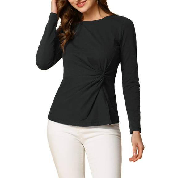 INSPIRE CHIC Women's Tops Round Neck Twist Front Long Sleeves Casual Blouses S Black