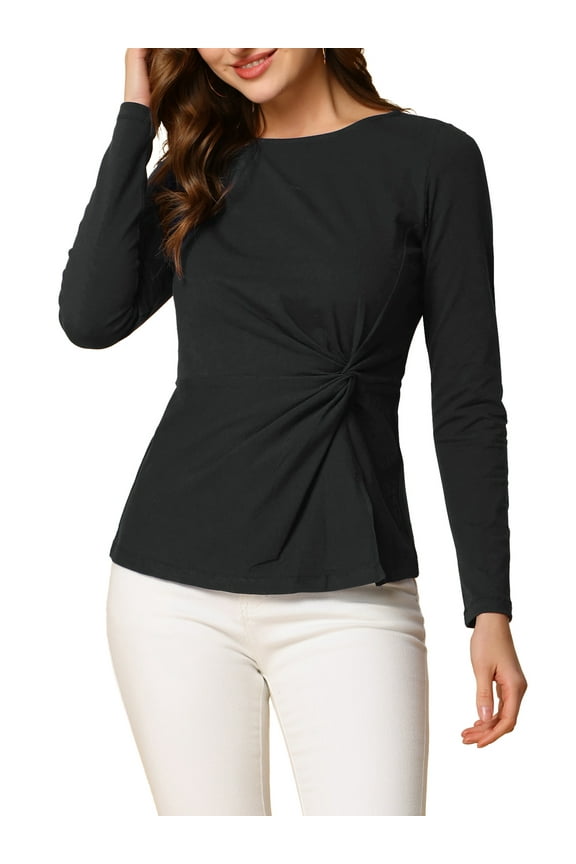 Women's Tops Round Neck Twist Front Long Sleeves Casual Blouses S Black