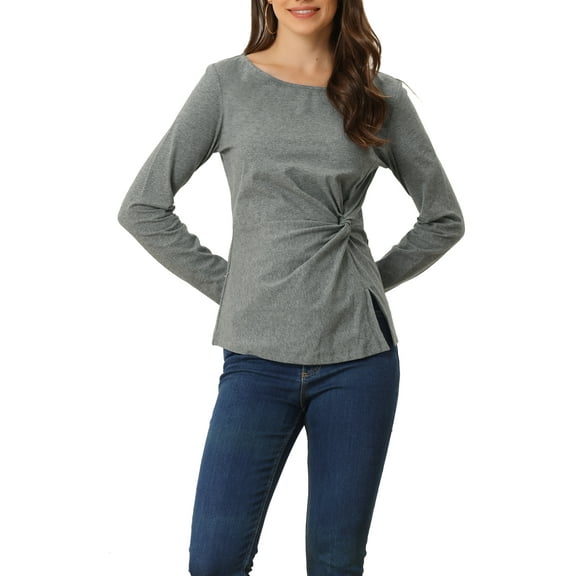 INSPIRE CHIC Women's Tops Round Neck Twist Front Long Sleeves Casual Blouses S Dark Grey