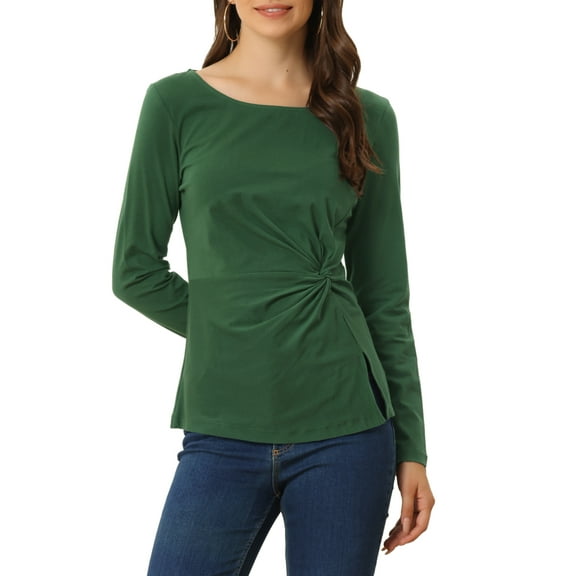 INSPIRE CHIC Women's Tops Round Neck Twist Front Long Sleeves Casual Blouses XS Dark Green