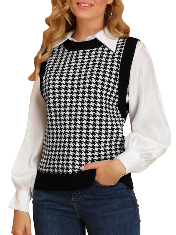 Women's Sleeveless Houndstooth Knit Vest Round Neck Plaid Sweater Vest for Fall Layering L Black