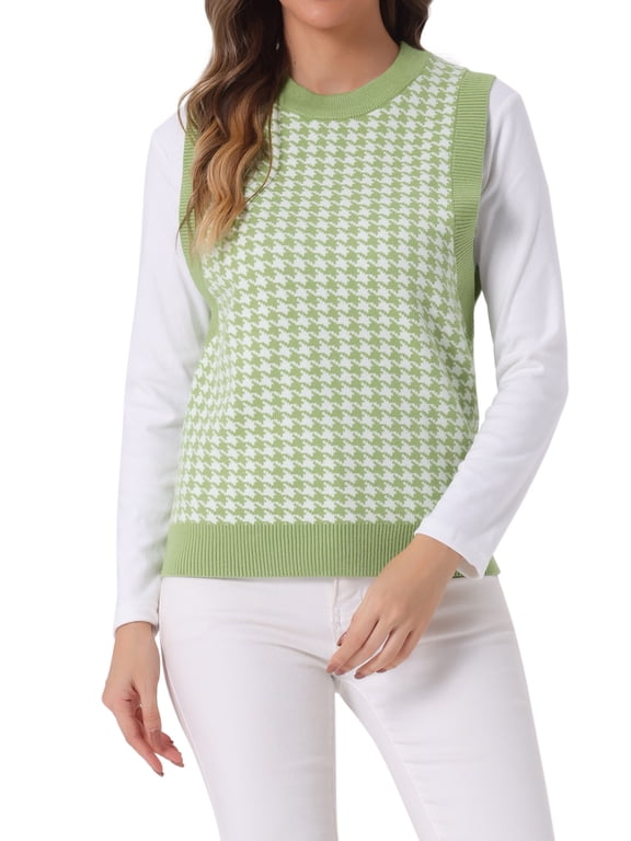 Women's Sleeveless Houndstooth Knit Vest Round Neck Plaid Sweater Vest for Fall Layering L Green