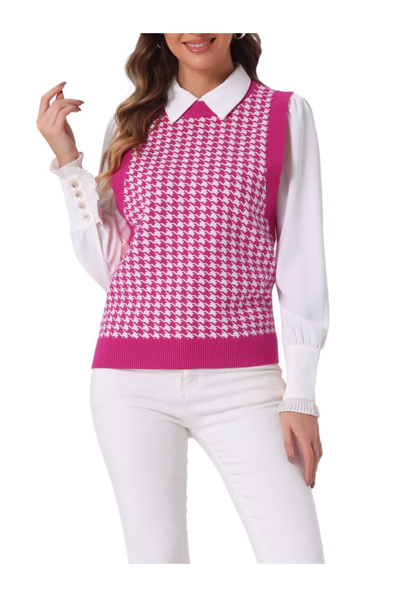 Women's Sweater Round Neck Sleeveless Houndstooth Plaid Knitted Sweater L Hot Pink