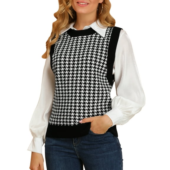 INSPIRE CHIC Women's Sweater Round Neck Sleeveless Houndstooth Plaid Knitted Sweater M Black