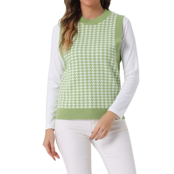 INSPIRE CHIC Women's Sweater Round Neck Sleeveless Houndstooth Plaid Knitted Sweater M Green