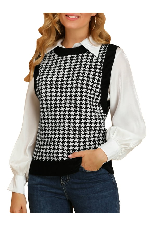 Women's Sweater Round Neck Sleeveless Houndstooth Plaid Knitted Sweater XS Black