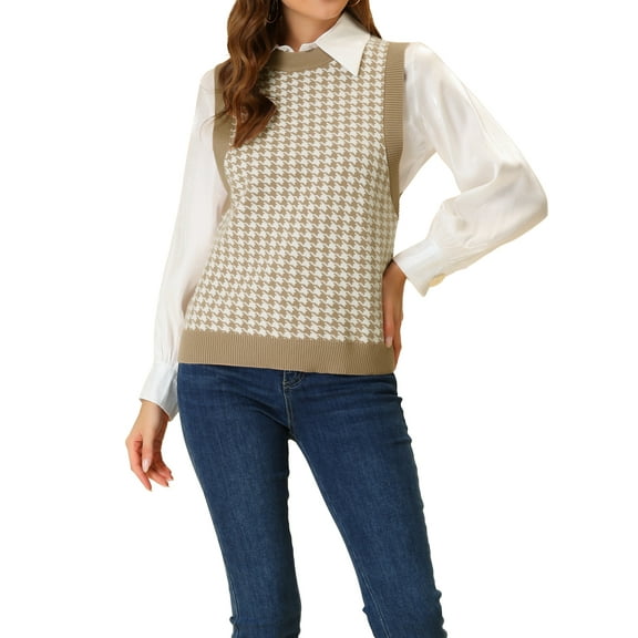 INSPIRE CHIC Women's Sweater Round Neck Sleeveless Houndstooth Plaid Knitted Sweater XS Khaki