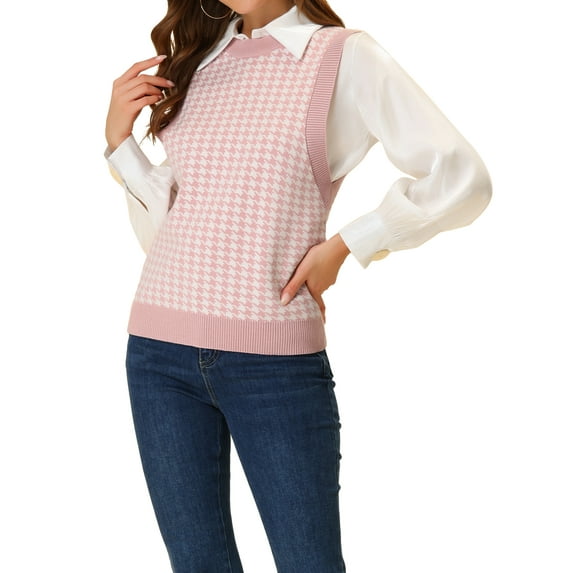 Allegra K Women's Round Neck Knitted Sleeveless Houndstooth Plaid Sweater