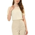 thumbnail image 1 of INSPIRE CHIC Women's Round Neck Lace Keyhole Back Puff Short Sleeve Tops M Beige, 1 of 5